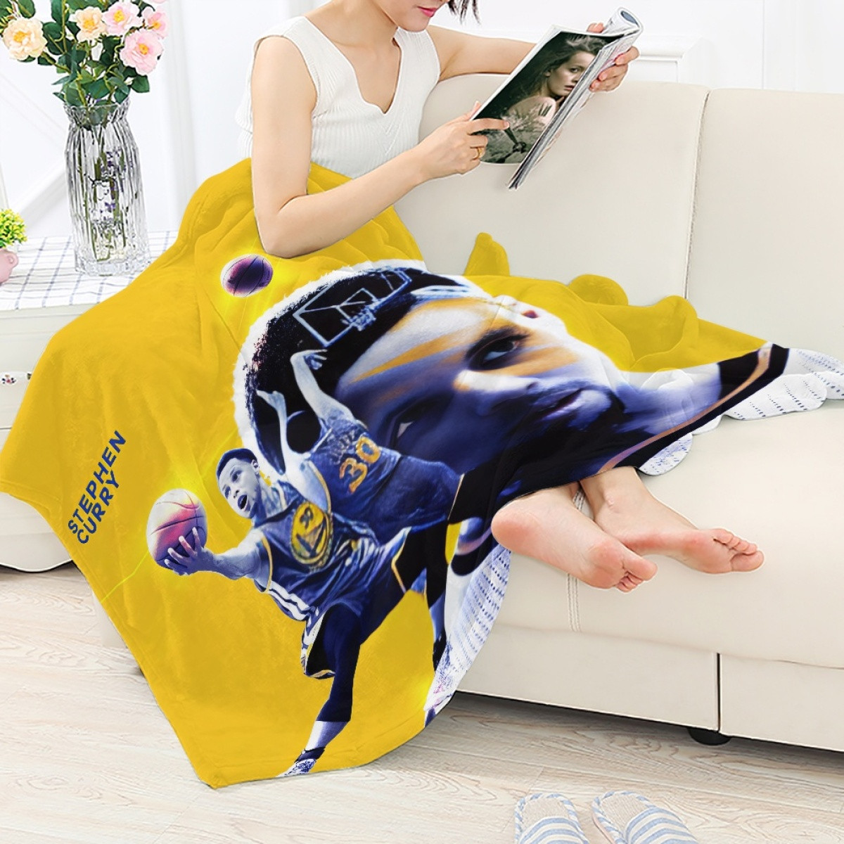 NBA Stephen Curry Blanket Throw - Stephen Curry Golden State Warriors 30 Shooting On Yellow Background Poster