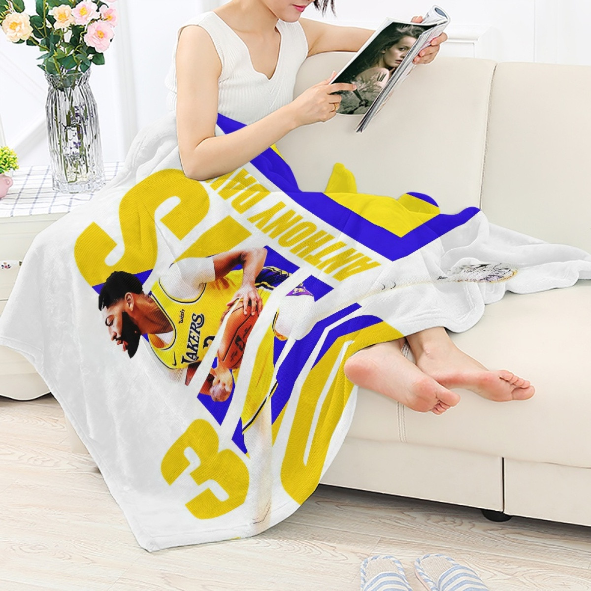 NBA Anthony Davis Blanket Throw - Anthony Davis Los Angeles Lakers 3 Dribbling Yellow Graphic Art
