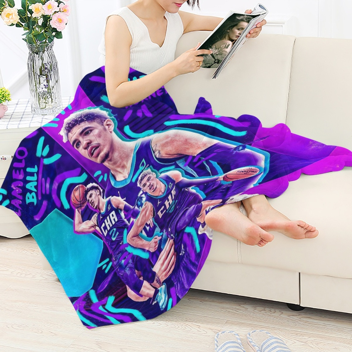 NBA Lamelo Ball Blanket Throw - Lamelo Ball Charlotte Hornets 2 The King Dunking Poster Purple And Blue Graphic Art