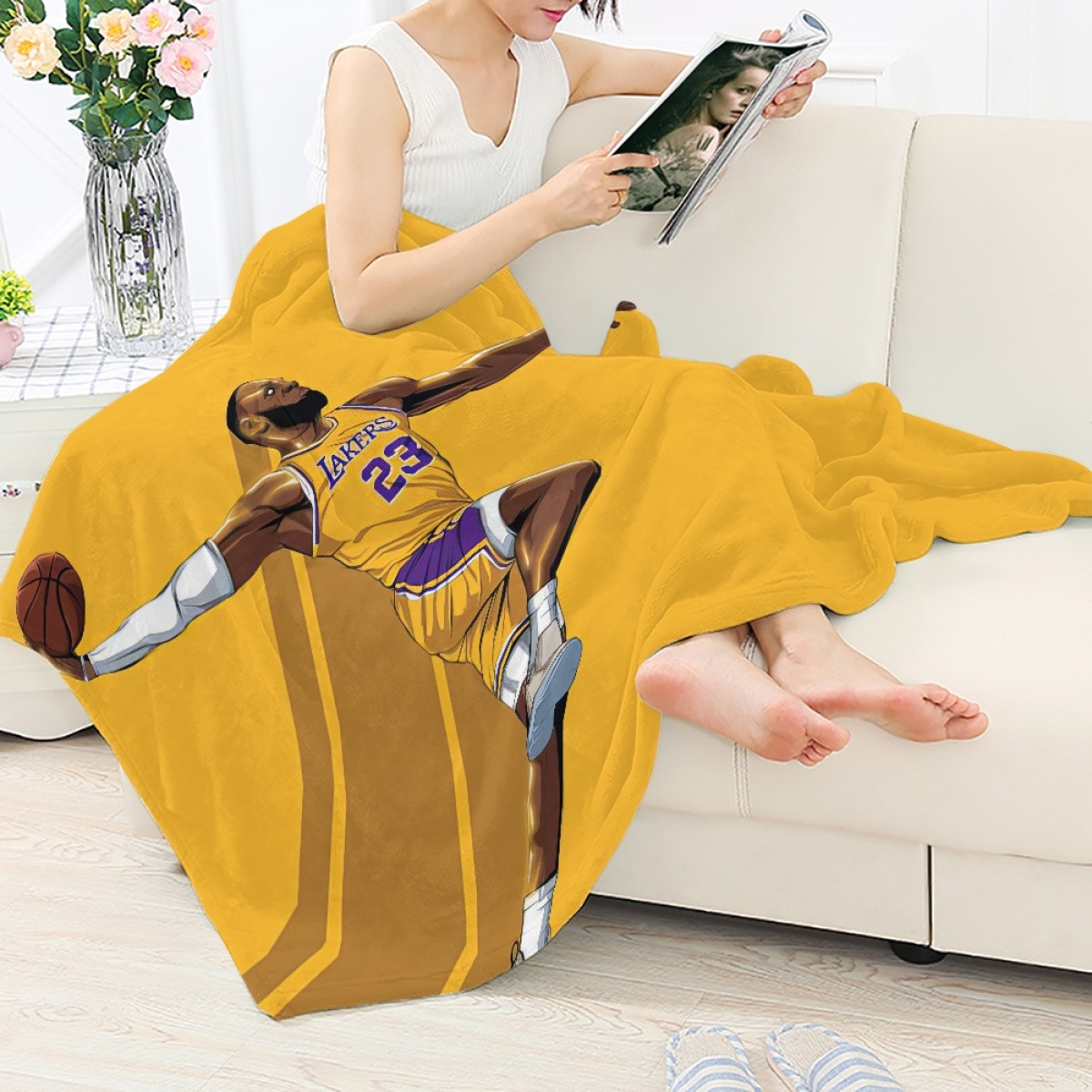 NBA Lebron James Blanket Throw - Lebron James Los Angeles Lakers 23 Dunking Illustration Art On Yellow Background