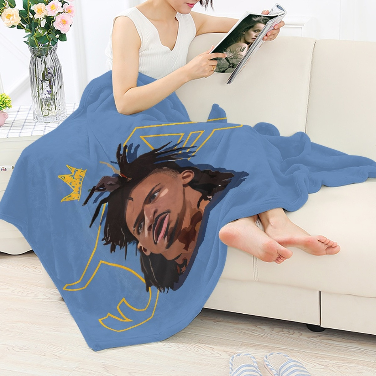 NBA Ja Morant Blanket Throw - Ja Morant The King Avatar Illustration Art On Blue Background