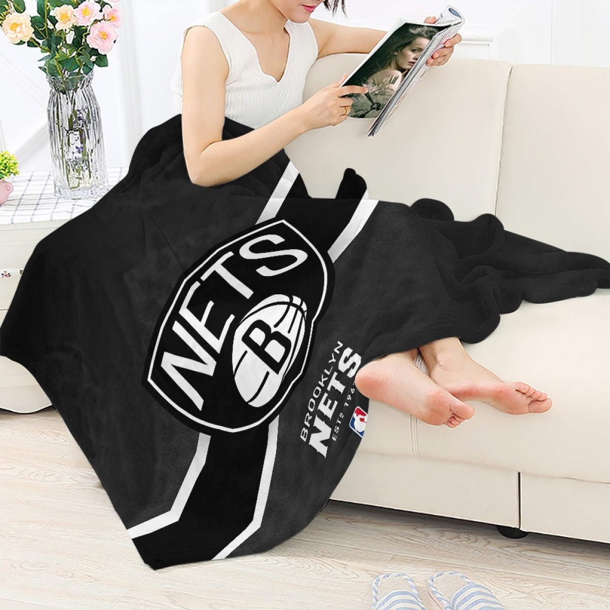 NBA Brooklyn Nets Blanket Throw - Team Logo Stripe Background