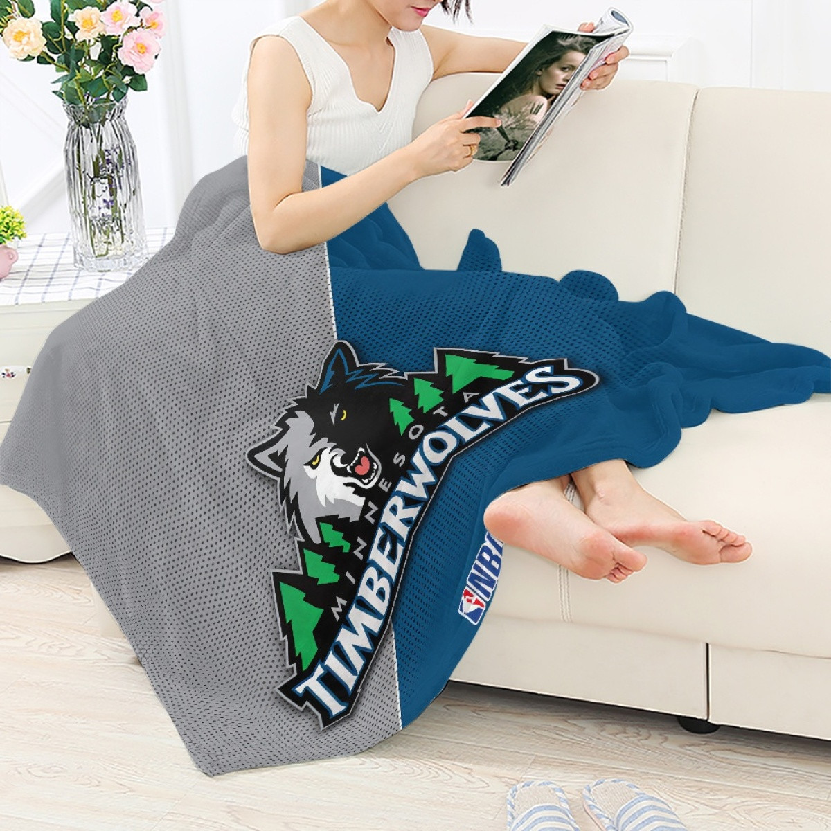 NBA Minnesota Timberwolves Blanket Throw - Team Logo On Grey And Blue Background