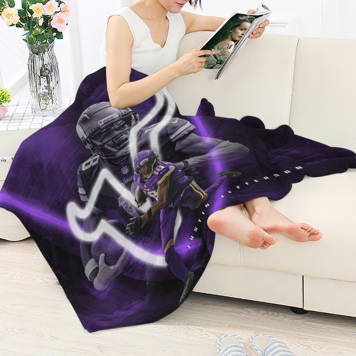 NFL Justin Jefferson Blanket Throw - Justin Jefferson 18 Minnesota Vikings Purple Poster Art