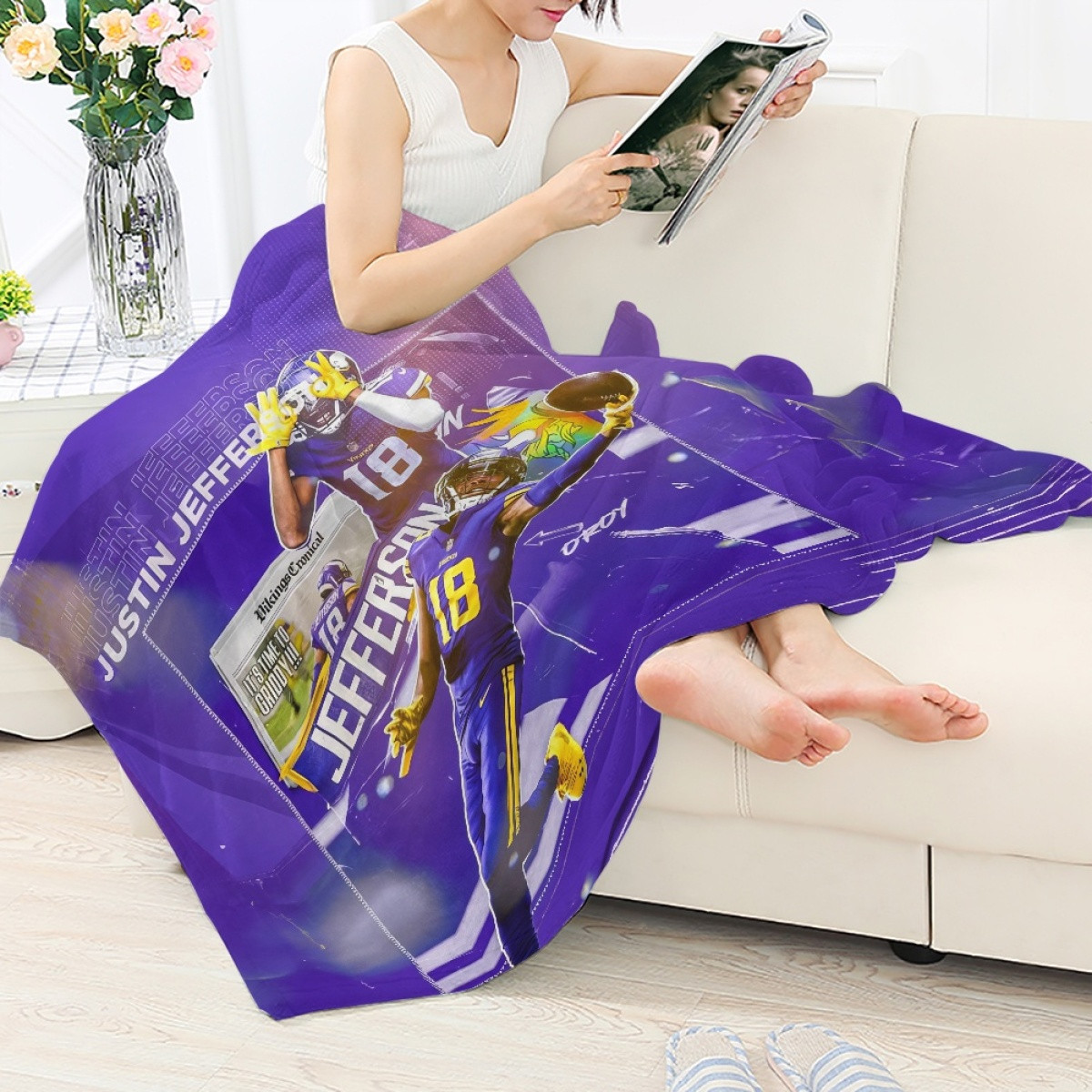 NFL Justin Jefferson Blanket Throw - Justin Jefferson 18 Minnesota Vikings Rookie of the Year Poster Blue Background