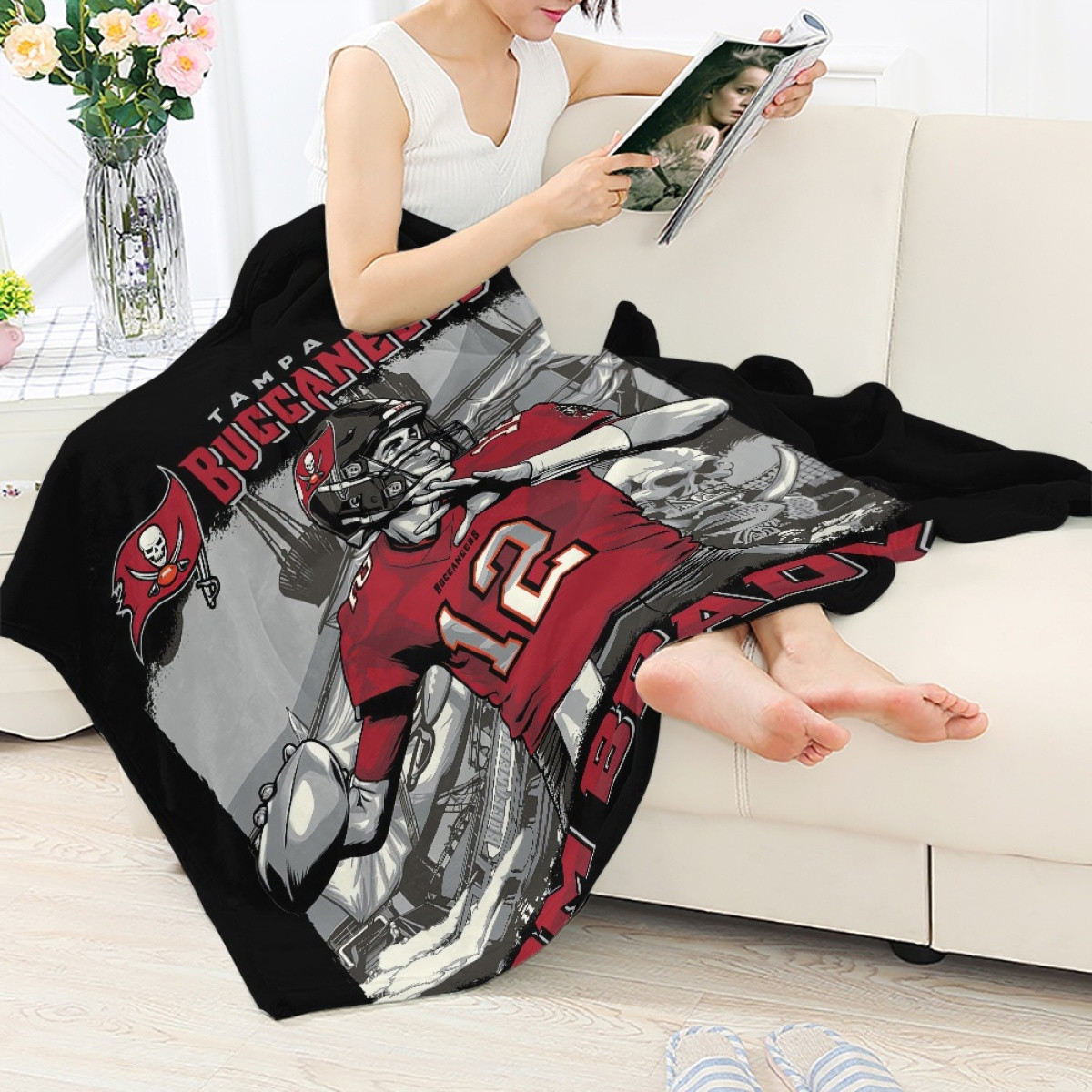 NFL Tom Brady Blanket Throw - Tom Brady 12 Tampa Bay Buccaneers Forward Pass Illustration Art On Black Background