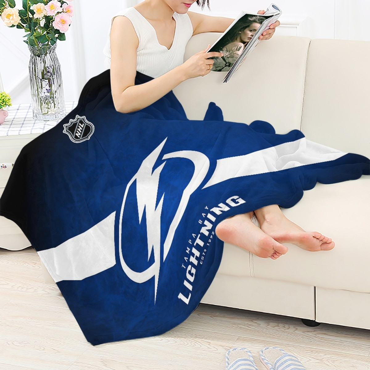 NHL Tampa Bay Lightning Blanket Throw - Team Logo Stripe On Blue Background