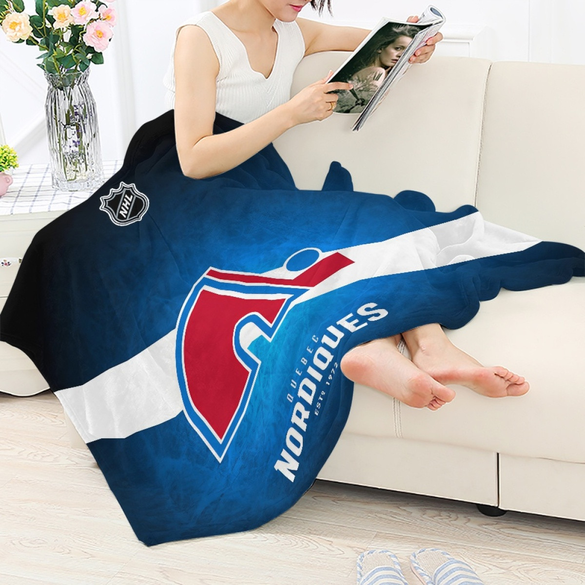 NHL Quebec Nordiques Blanket Throw - Team Logo Stripe On Blue Background