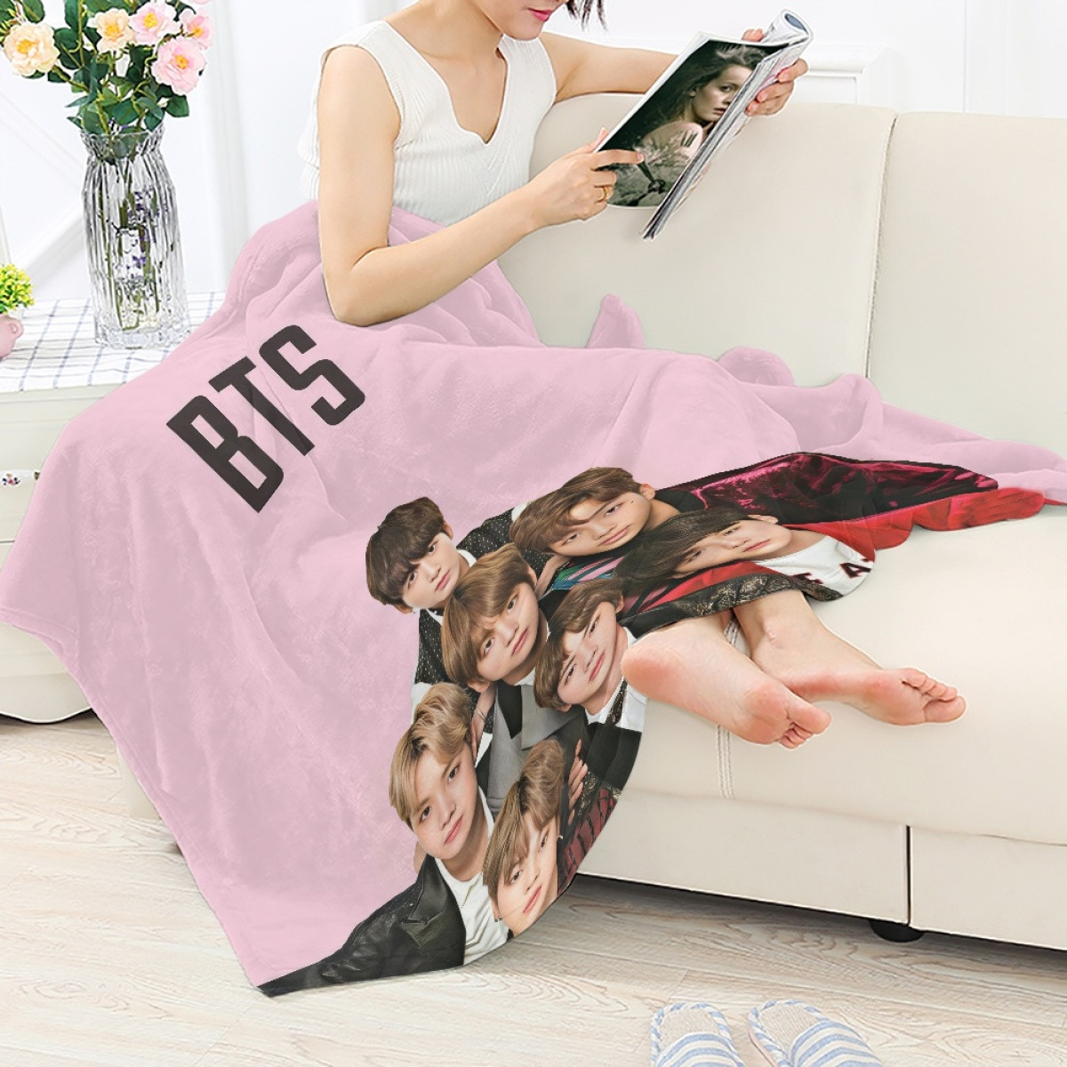 BTS Blanket Throw - BTS Members On Pink Background