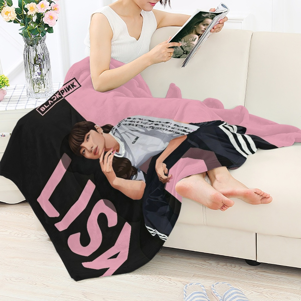 Lisa Blanket Throw - Lisa BlackPink Cartoon Sitting On Black Pink Background