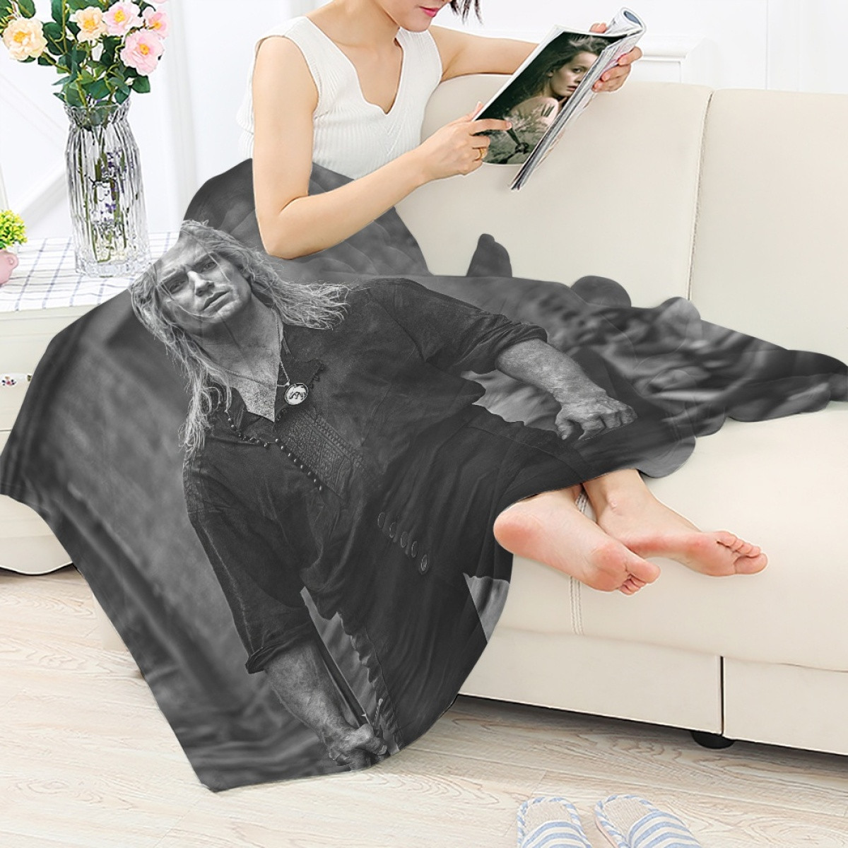 The Witcher Geralt Blanket Throw - Geralt Of Rivia Greyscale Portrait