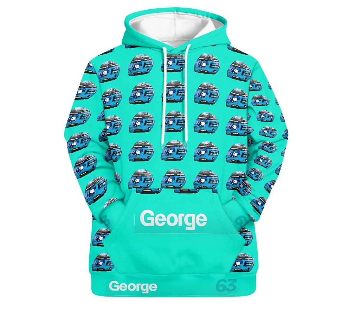 F1 Formula One George Russell Hoodie Pullover - George Russell 63 Helmet 2023 On Cyan Background