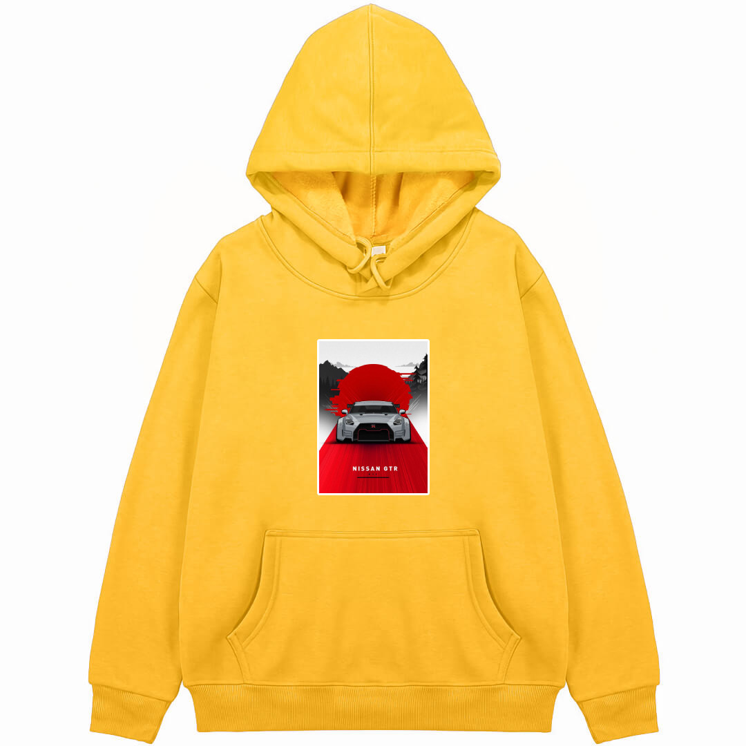 Nissan Hoodie Hooded Sweatshirt Sweater Jacket - Nissan GTR R35 Front View Illustration On Red Gray Background