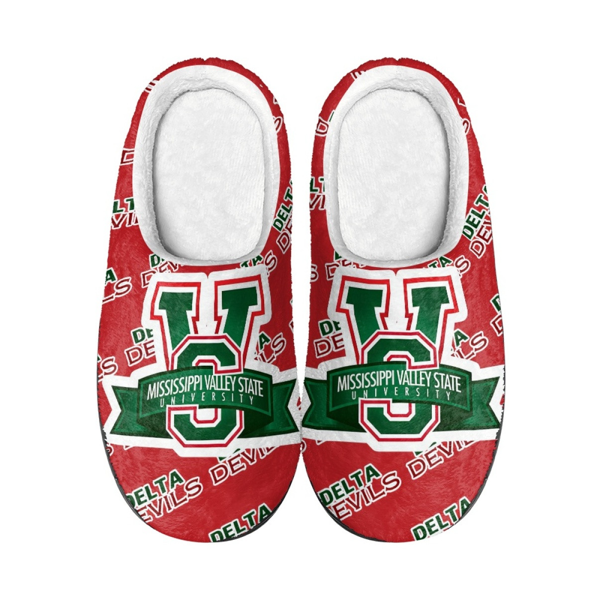 Mississippi Valley State Delta Devils Slippers - Mississippi Valley State University Delta Devils College Football Medley Monogram Wordmark