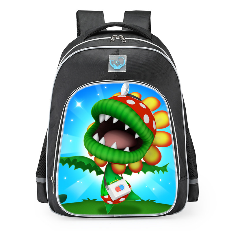 Super Mario Villain Petey Piranha School Backpack. With a hidden anti theft pocket on the back to secure valuable items. The unique shoulder strap has a secret pocket for card or money-plus a glasses hook